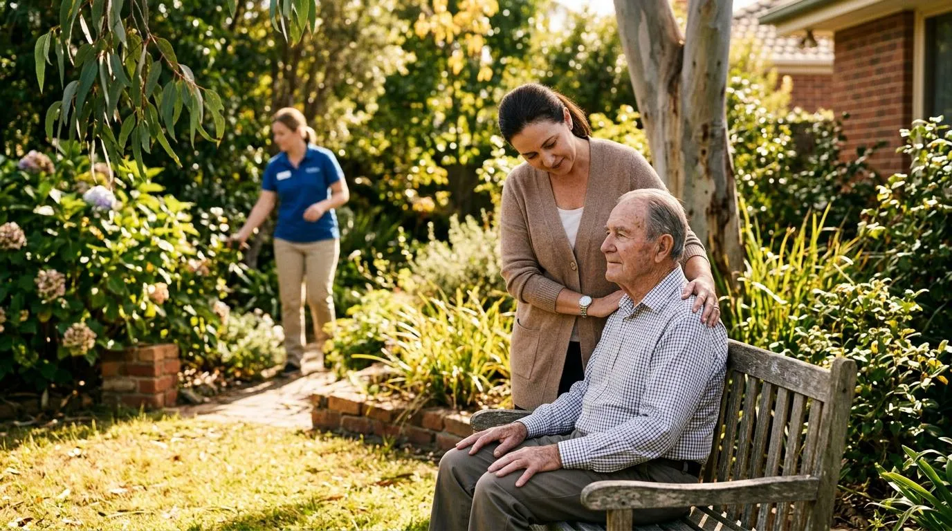 A family member spending time with a loved one in a sunny garden