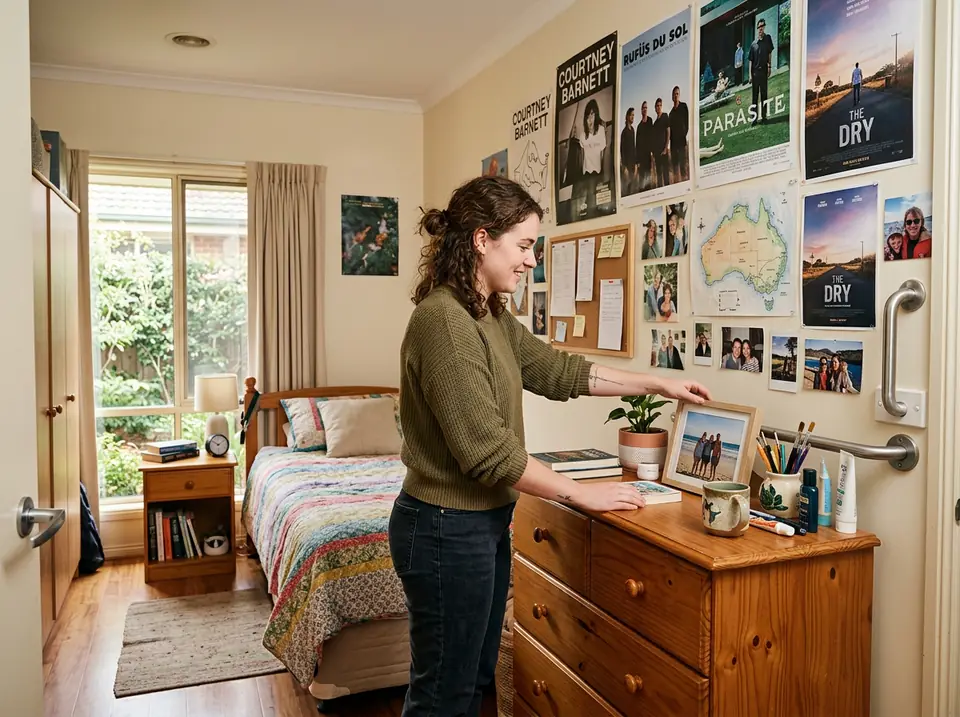 A woman arranging personal belongings in her supported living bedroom
