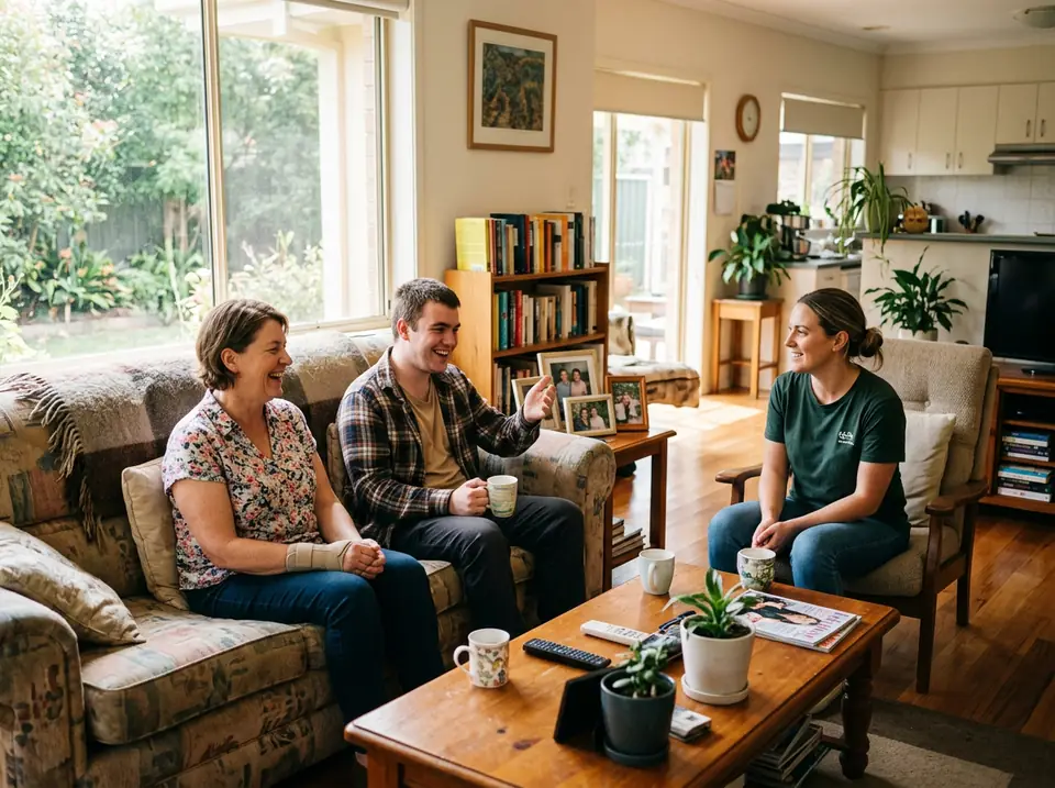 Two housemates relaxing with a support worker in their shared living room