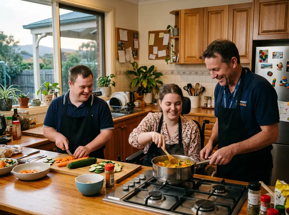 Housemates preparing an evening meal together with a support worker
