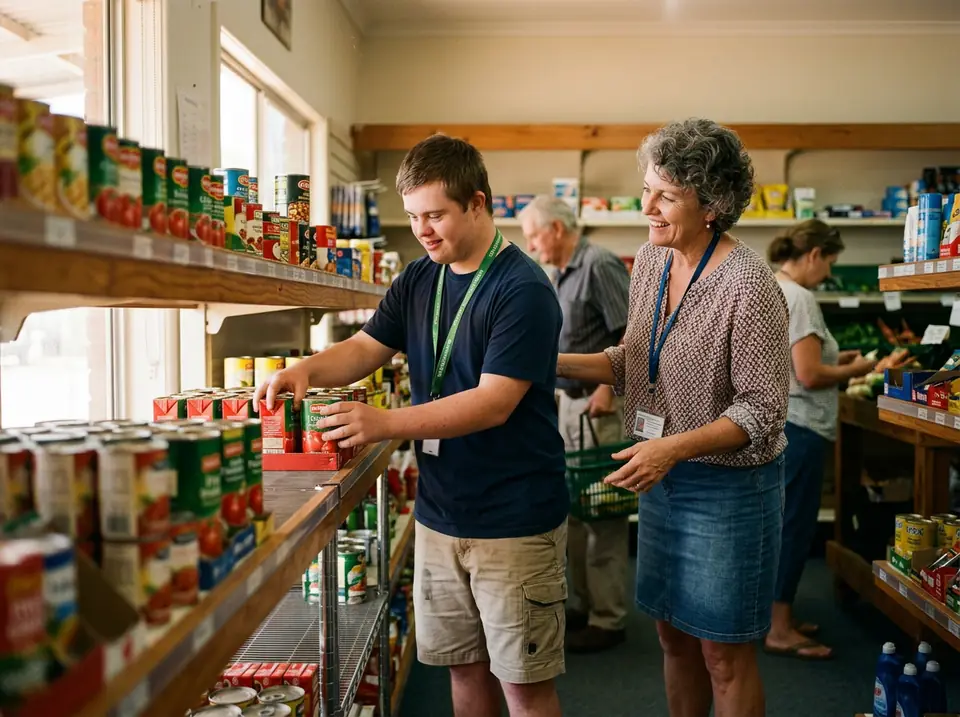 A young man gaining work experience in a community shop