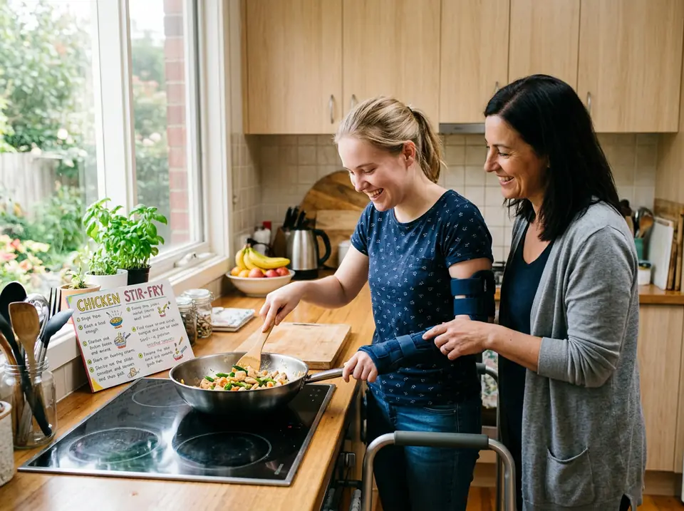 A young woman building cooking skills with guidance from a support worker