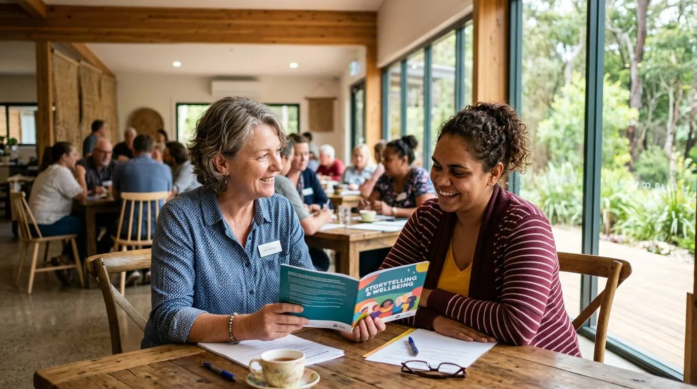 Two people reading together at a table in a community centre
