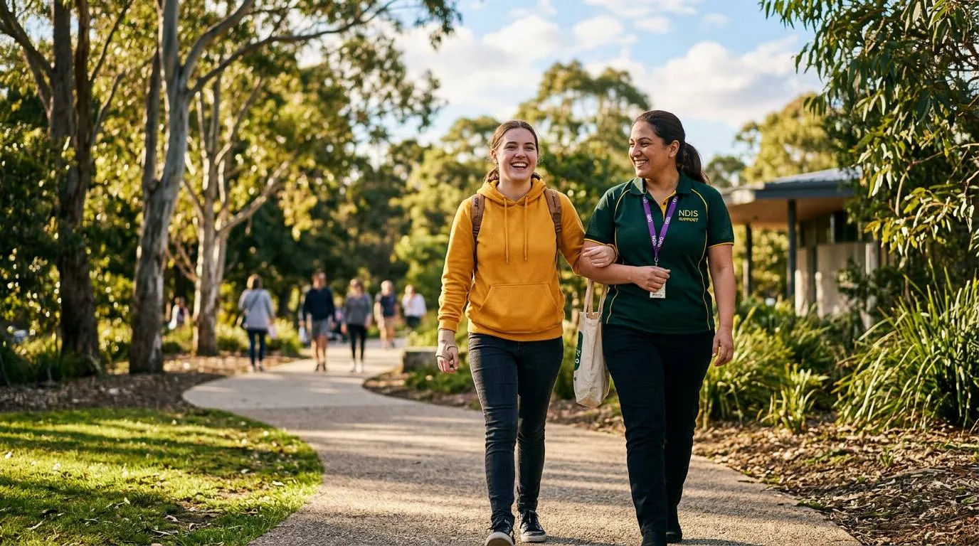 A support worker walking alongside a participant in a sunny park, representing a positive life transition