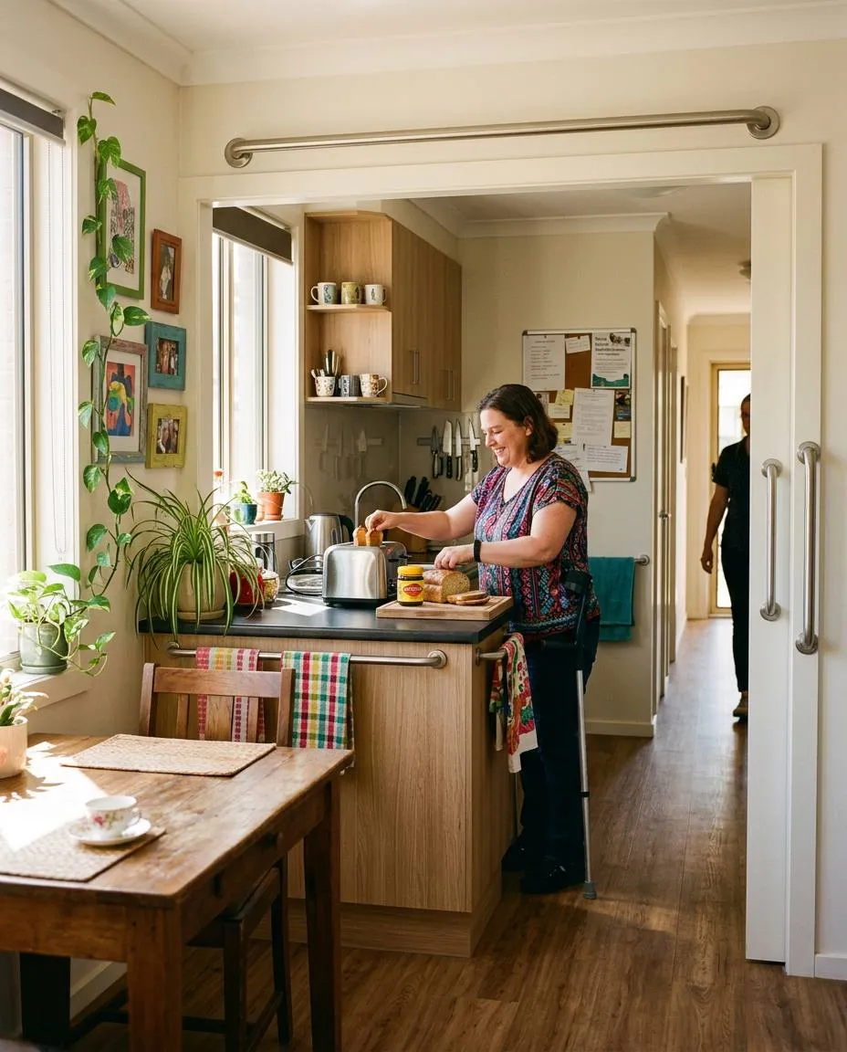 Housemates and a support worker chatting around a dining table in an accessible shared home