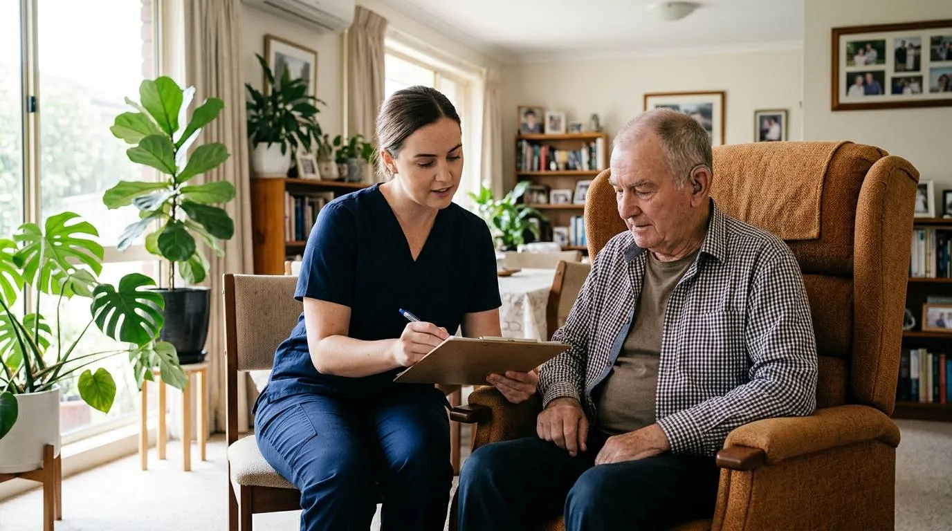 A registered nurse talking with a participant in a bright living room