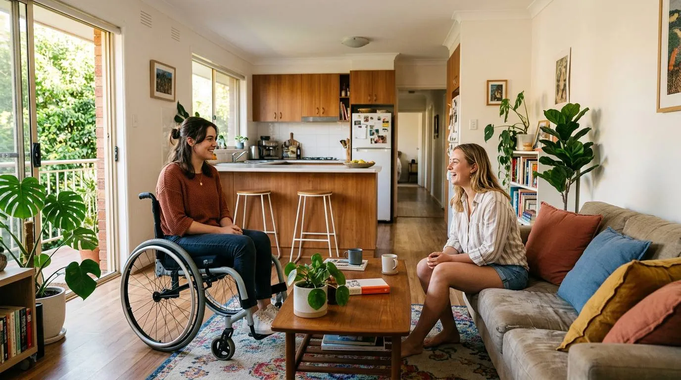 Housemates chatting in a bright, accessible shared living room
